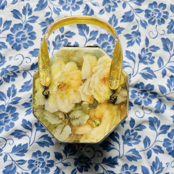 VTG 60’s Lucite Decoupage Wooded Box Purse Floral Shabby Primitive Retro - Picture 4 of 14